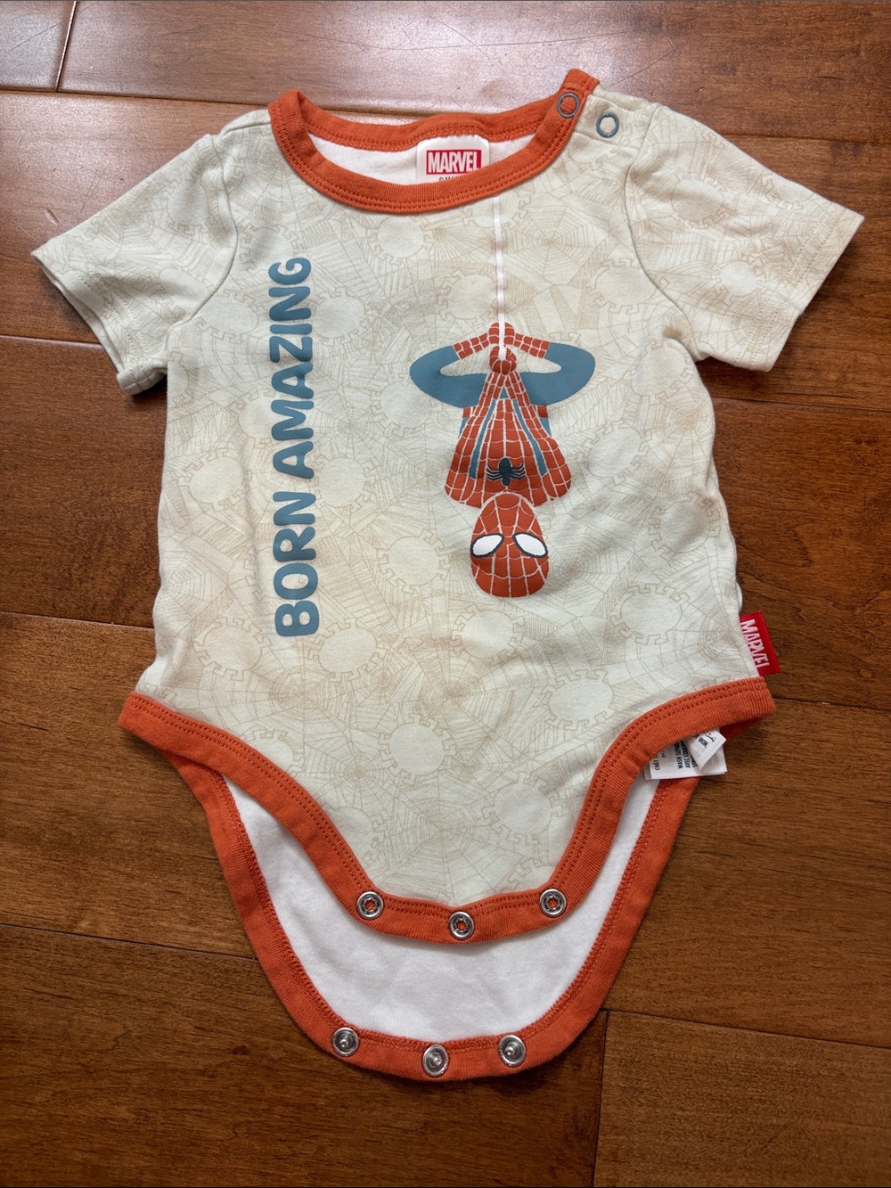 Marvel Baby 'Born Amazing' Spider-Man One-Piece Bodysuit - Cream & Orange